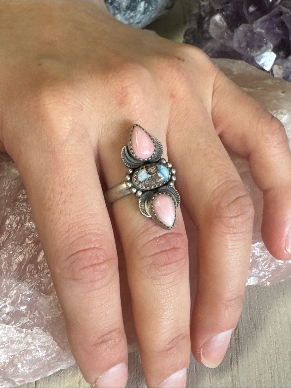 Pink Conch Shell and Golden Hills Turquoise Sterling Silver Southwestern Ring